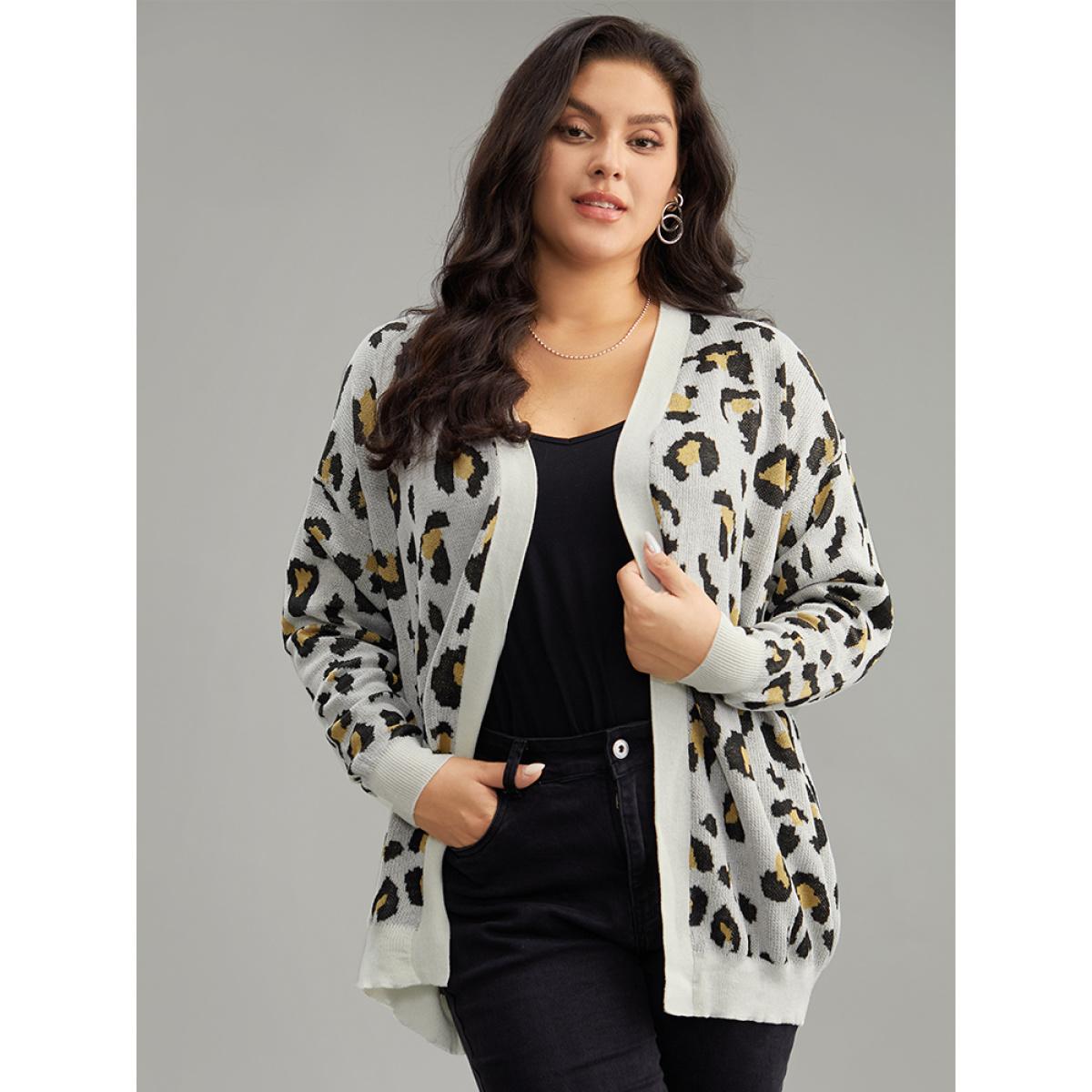 Plus Size Leopard Print Elastic Cuffs Cardigan Leopard Women Casual Loose Long Sleeve Dailywear Cardigans BloomChic 30/6X Product Image