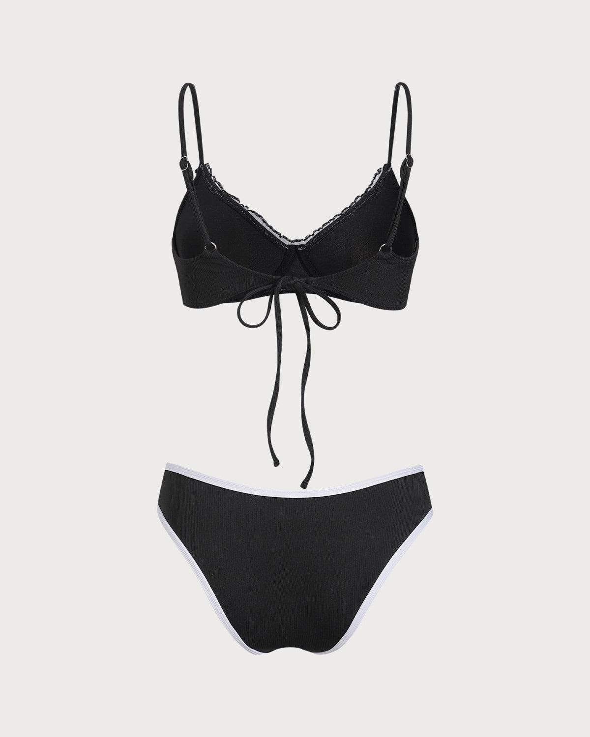 Black Knit Contrast Lace Underwire Bikini Set Product Image