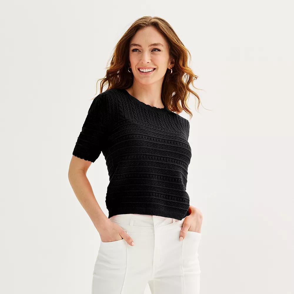 Women's Draper James Short Sleeve Pointelle Sweater, Size: Large, Black Product Image