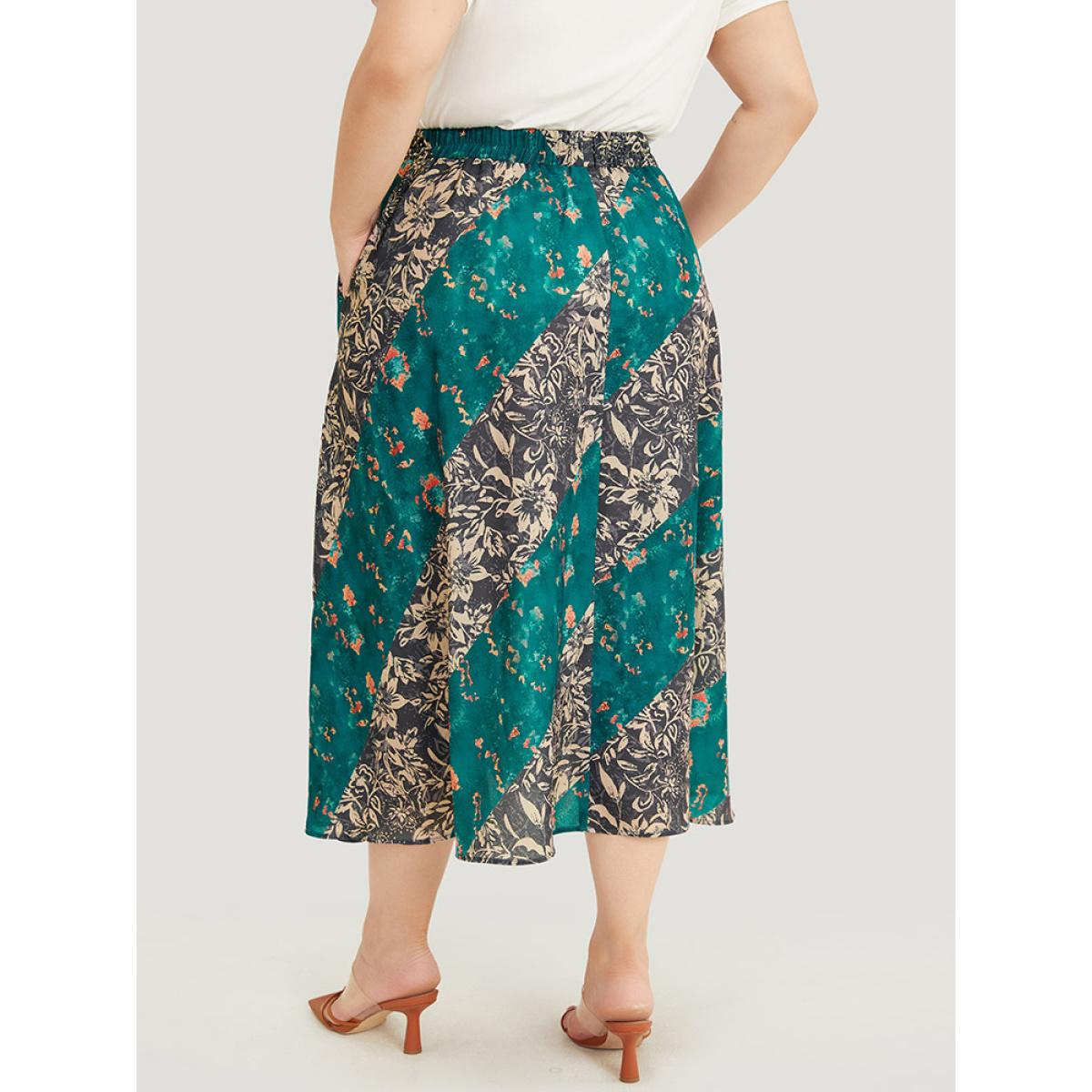 Plus Size Floral Contrast Pocket Knot Front Skirt Women Multicolor Elegant Contrast No stretch Pocket Dailywear Skirts BloomChic 12/L Product Image