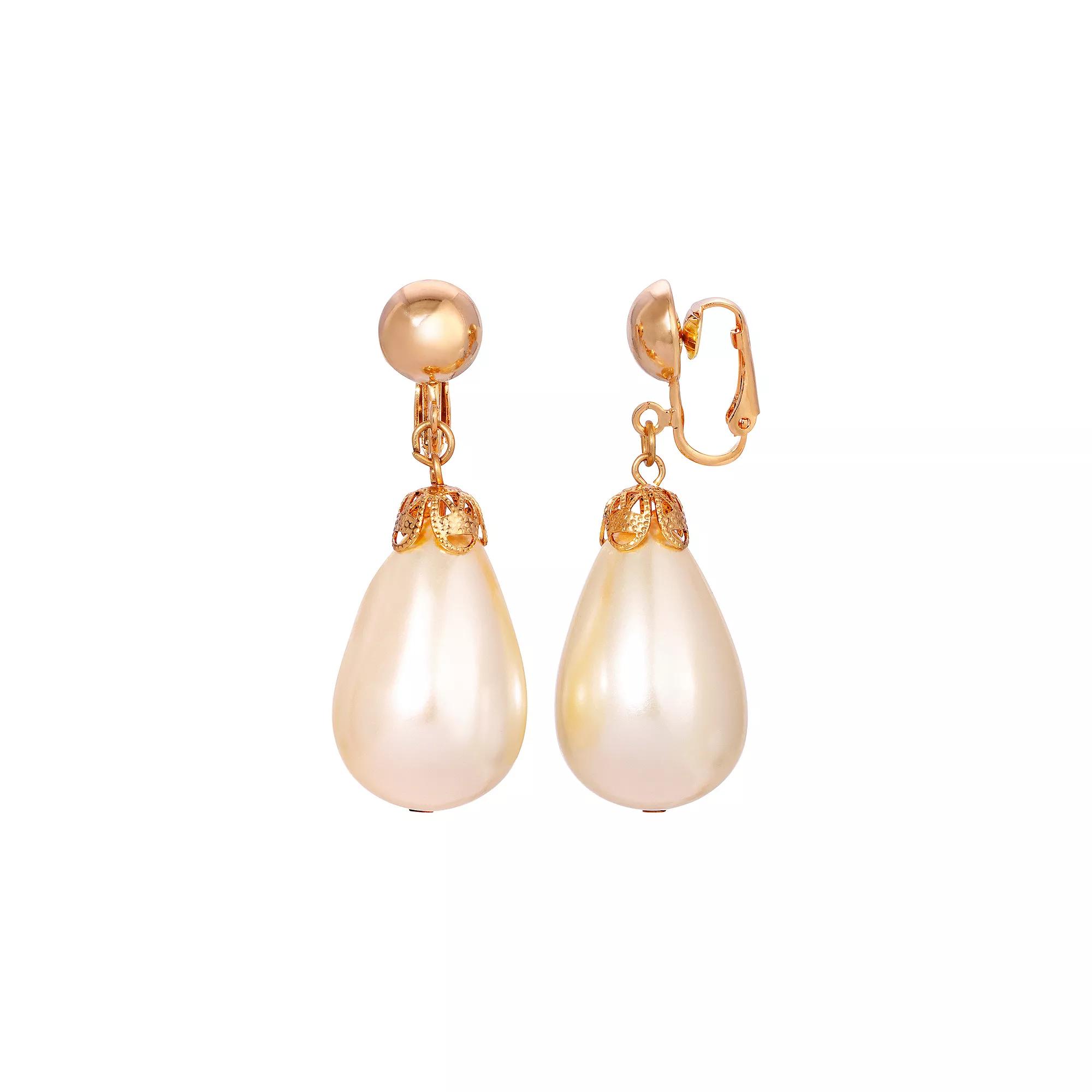1928 Gold Tone Pear-Shaped Faux Pearl Clip-On Earrings, Womens, White Product Image