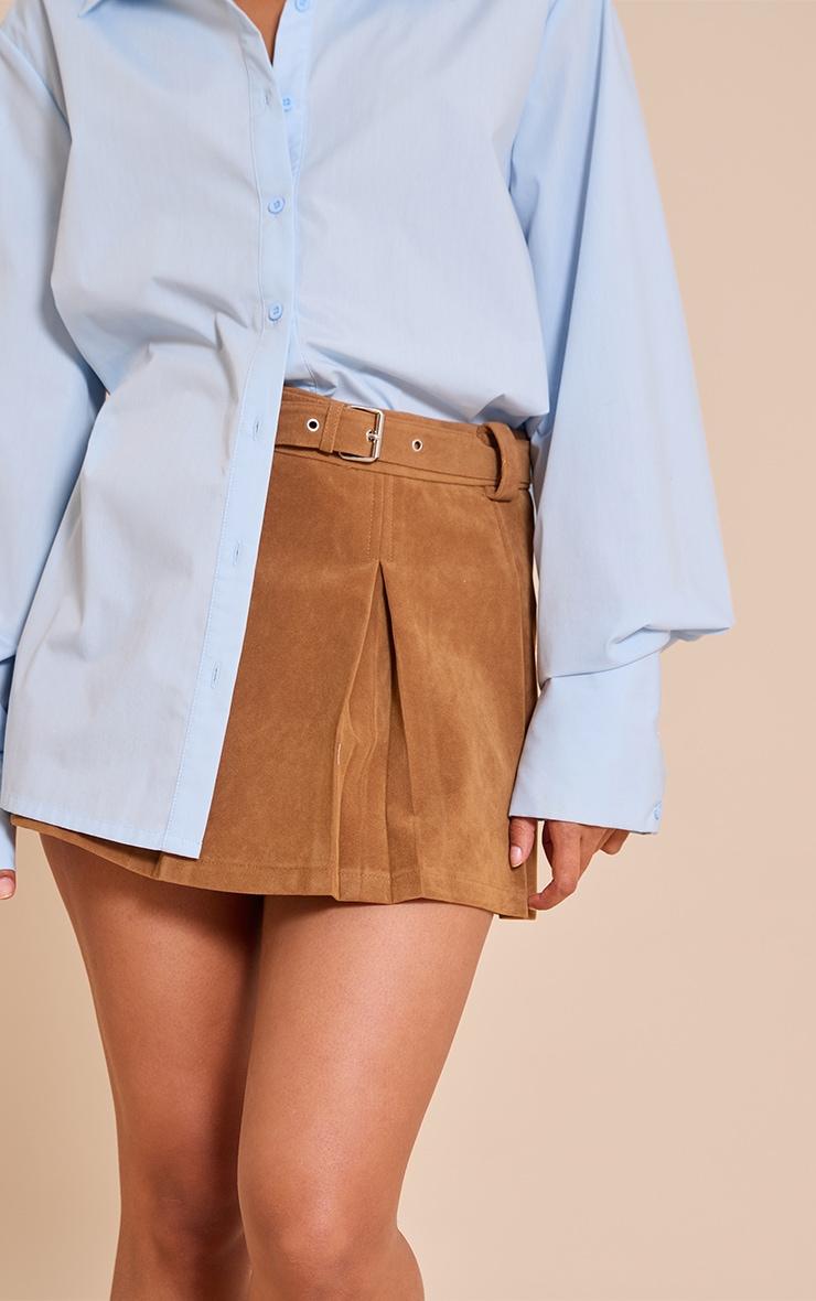 Camel Faux Suede Pleated Mini Skirt Product Image