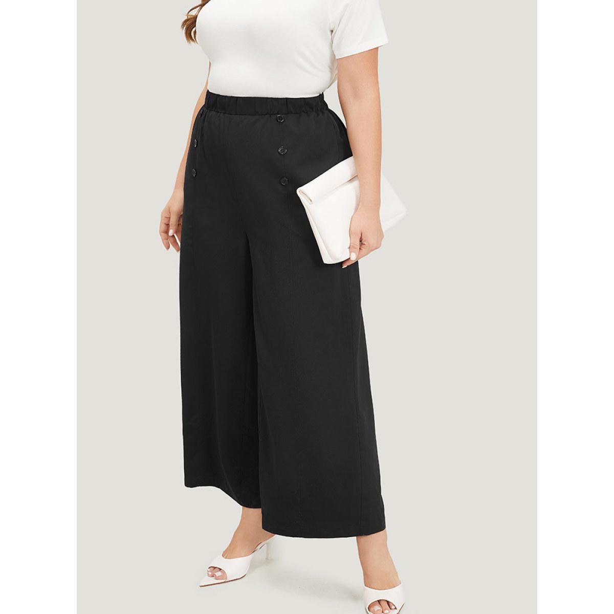 Plus Size Solid Button Detail Pocket Straight Leg Pants Women Black Office Straight Leg High Rise Work Pants BloomChic 12/L Product Image