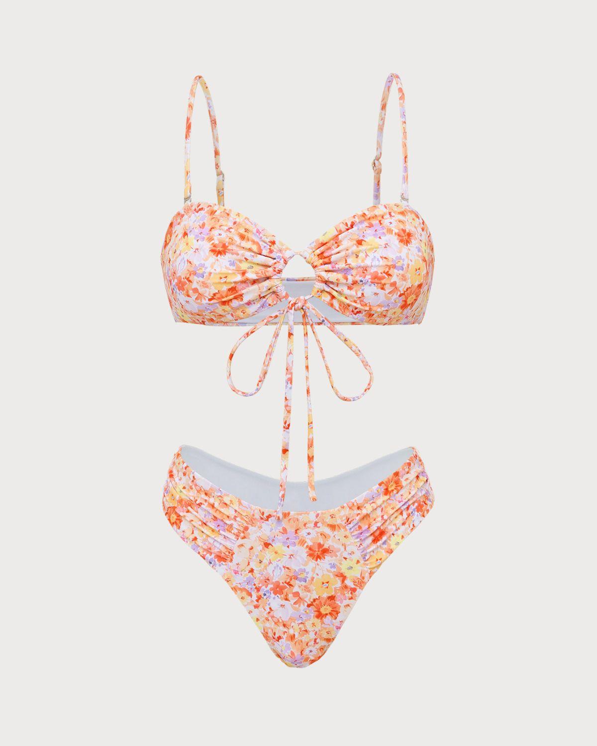 Orange Floral Tie Front Bikini Set Product Image