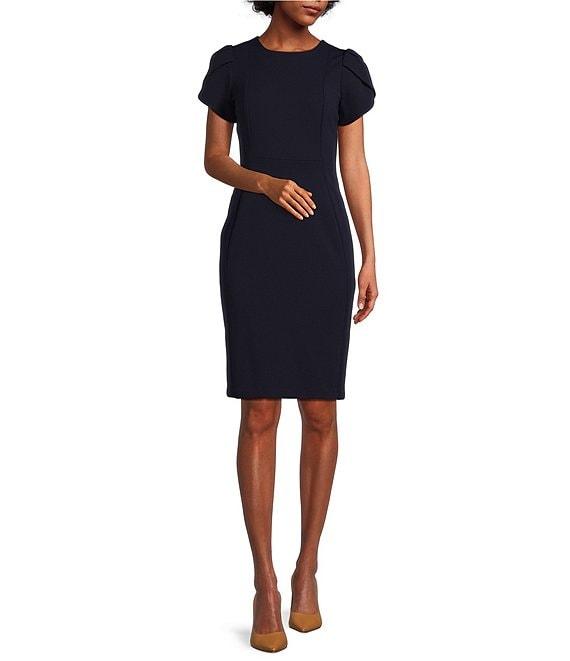 Calvin Klein Crew Neck Short Tulip Sleeve Solid Sheath Stretch Dress Product Image