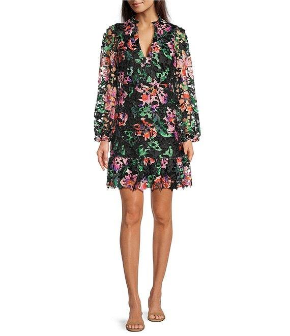 Kensie Lace Floral Print V-Neck Collar Long Sleeve Shirt Mini Dress Product Image