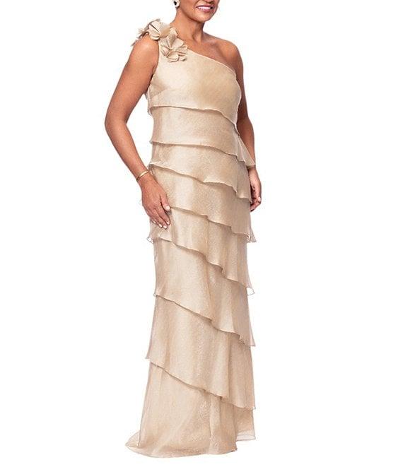 Xscape Metallic Organza One Shoulder Sleeveless Rosette Tiered Gown Product Image