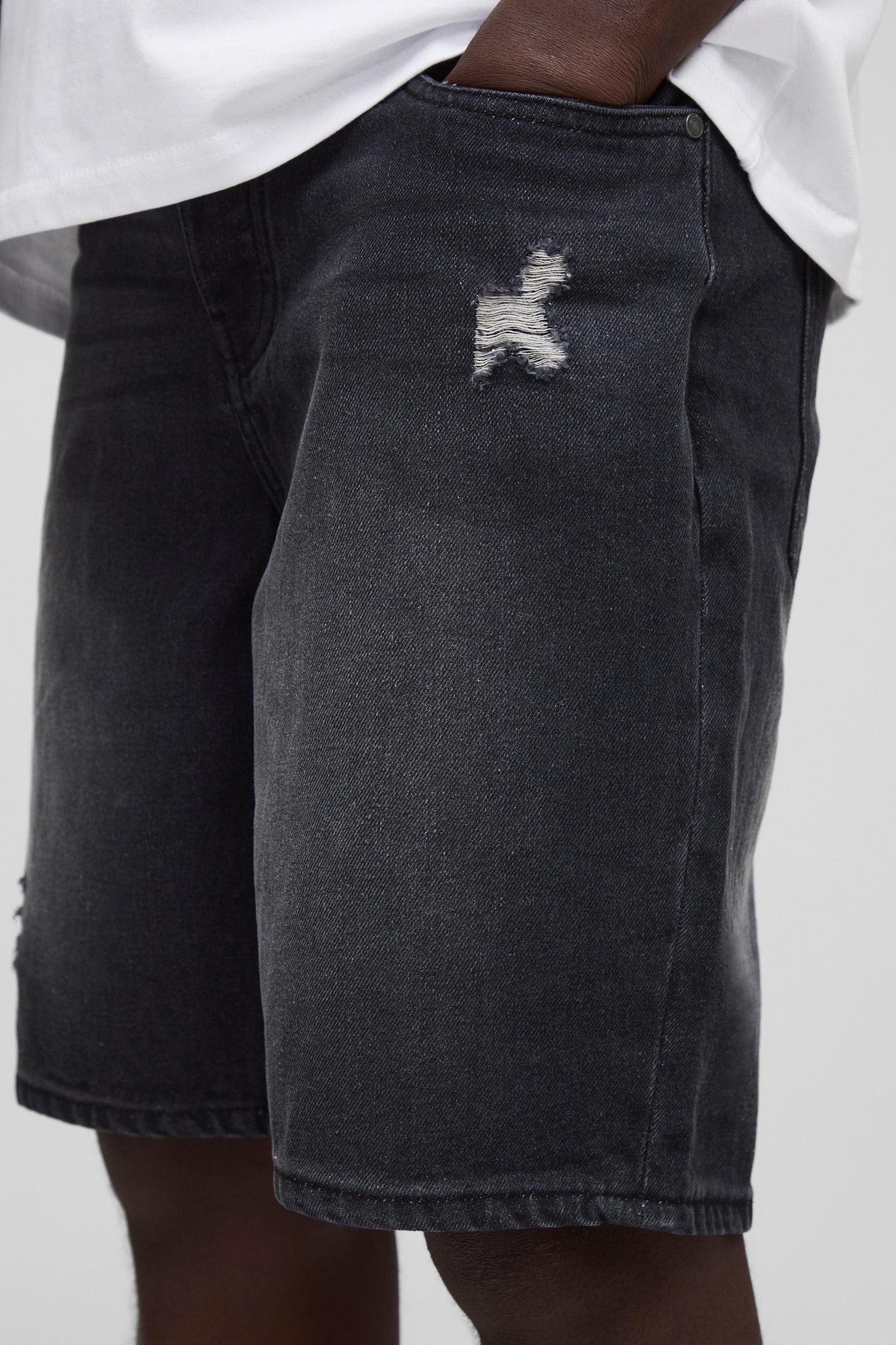 Relaxed Washed Black Tribal Applique Jean Shorts | boohooMAN USA Product Image