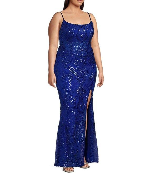 B. Darlin Plus Size Sequin Pattern Scoop Neck Spaghetti Strap Side Slit Dress Product Image
