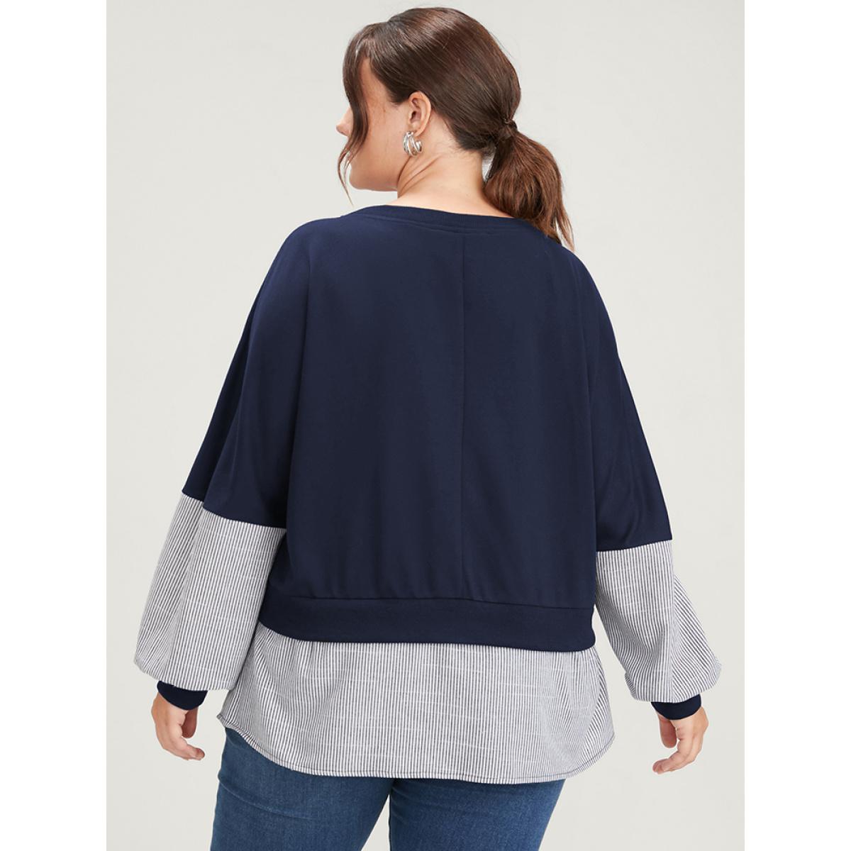 Plus Size Vertical Striped Contrast 2-In-1 Sweatshirt Women DarkBlue Casual Patchwork Round Neck Dailywear Sweatshirts BloomChic 18-20/2X Product Image