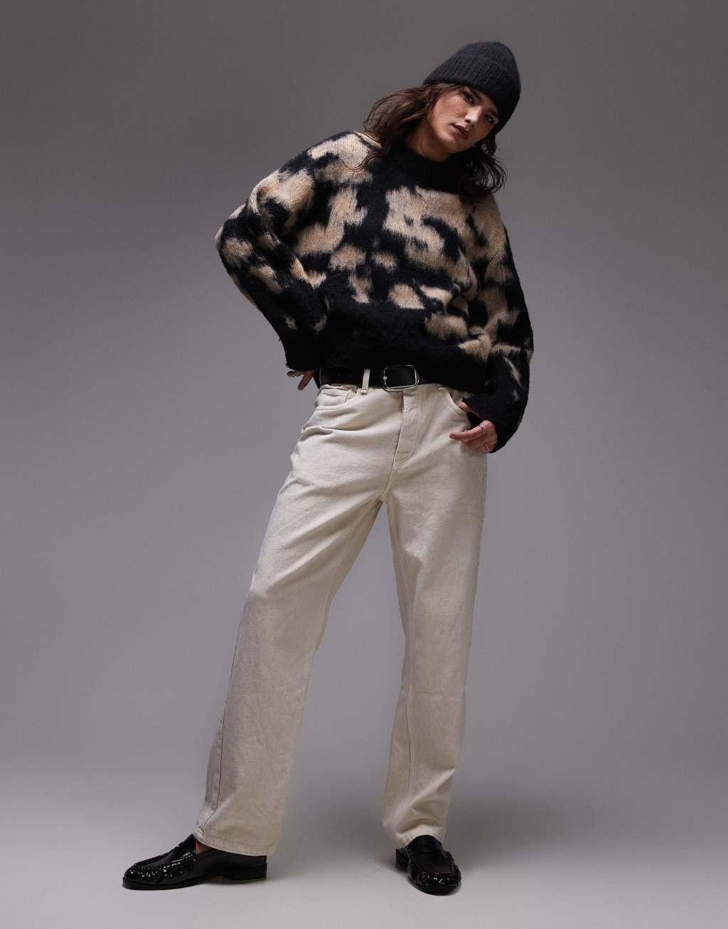 Topshop knitted blur floral animal oversized sweater in neutral Product Image