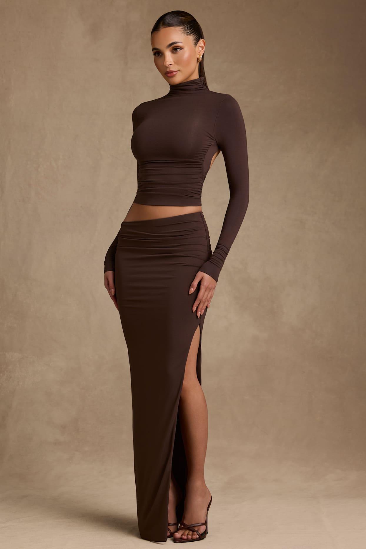Modal Asymmetric-Waist Maxi Skirt in Chocolate Brown Product Image