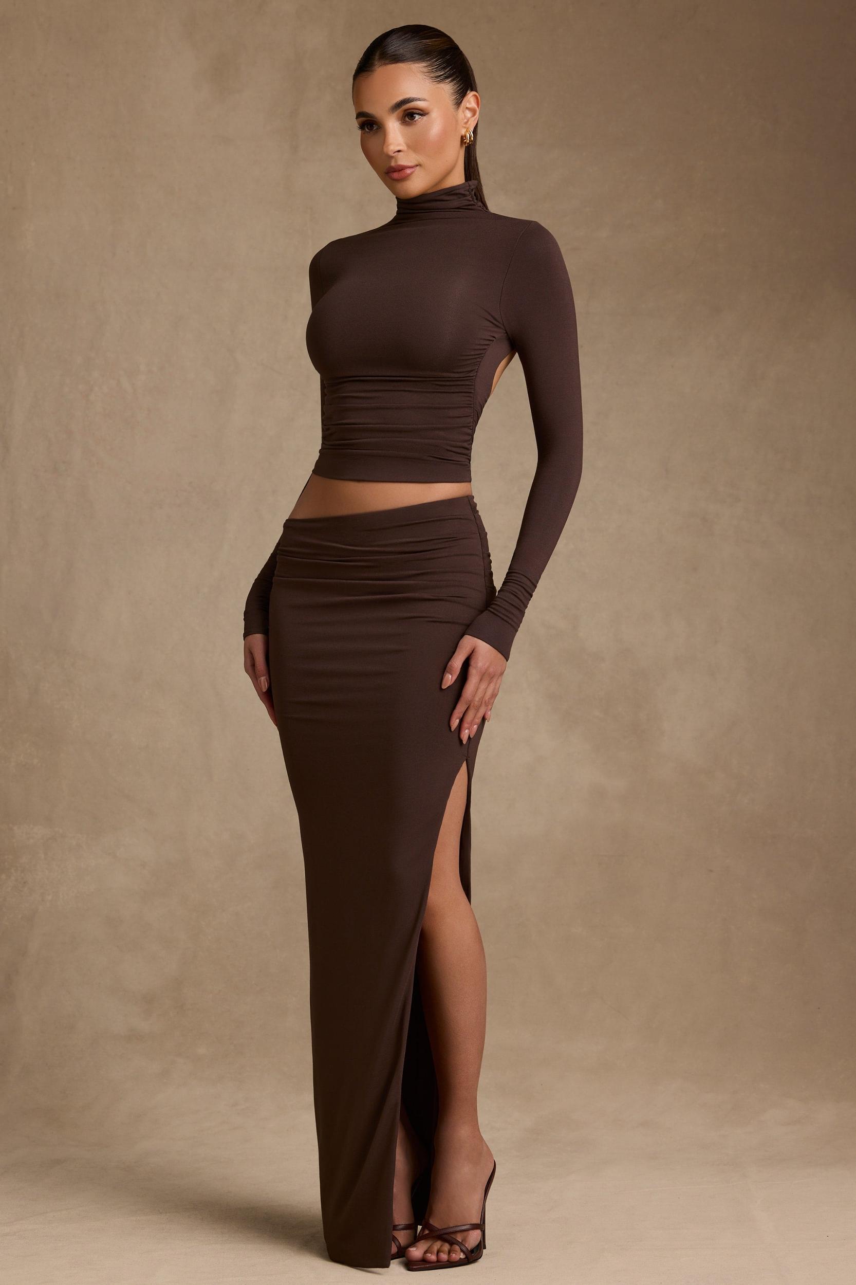 Modal Asymmetric-Waist Maxi Skirt in Chocolate Brown Product Image