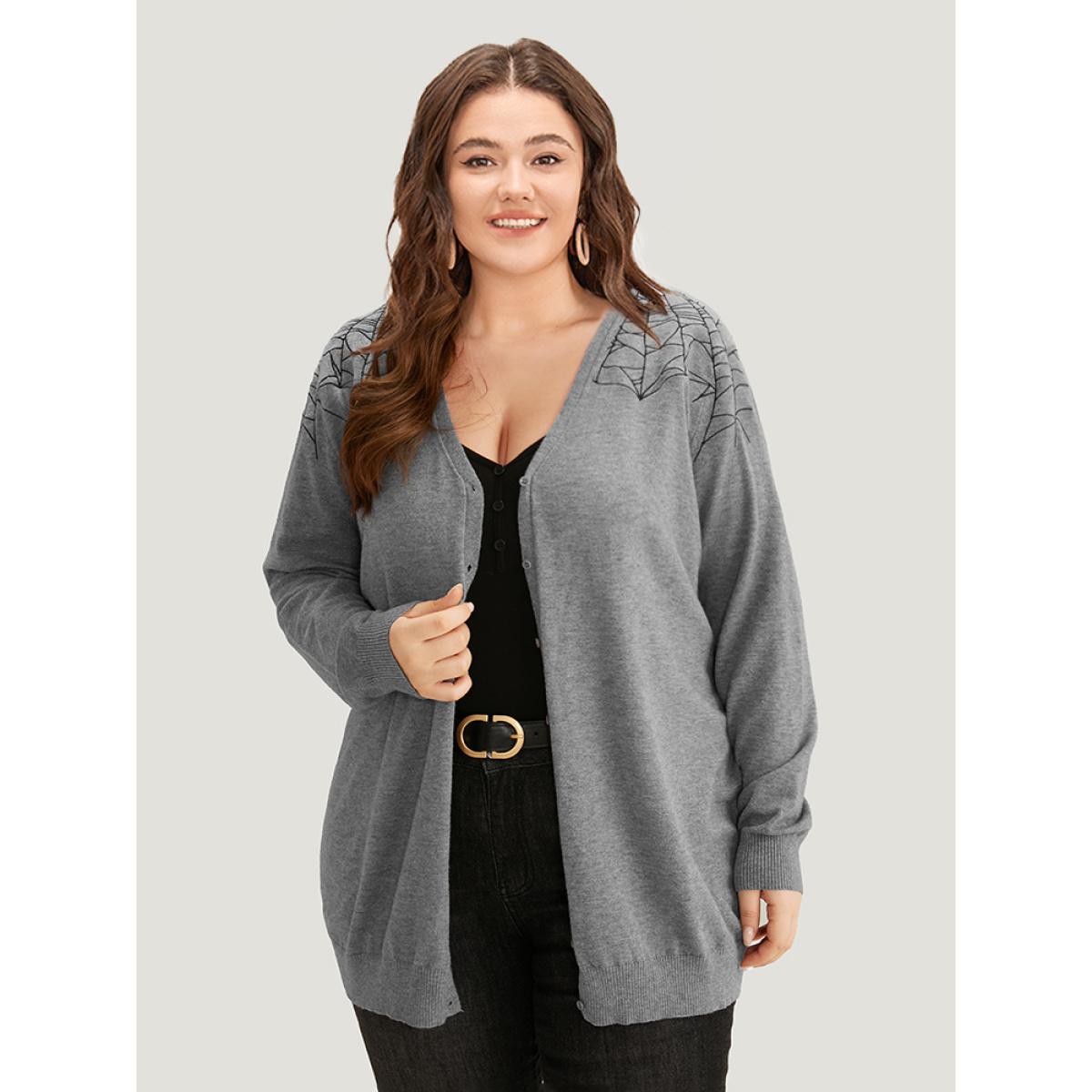 Plus Size Supersoft Essentials Halloween Spider Web Button Through Cardigan Gray Women Leisure Loose Long Sleeve Casual Cardigans BloomChic 26/4X Product Image