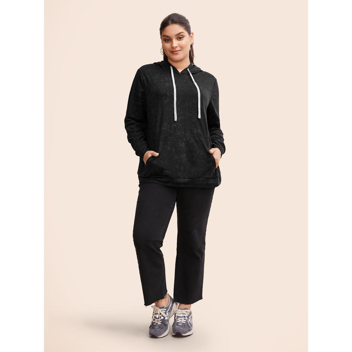 Plus Size Hooded Ties Pocket Elastic Cuffs Sweatshirt Women Black Casual Elastic cuffs Hooded Dailywear Sweatshirts BloomChic 22-24/3X Product Image
