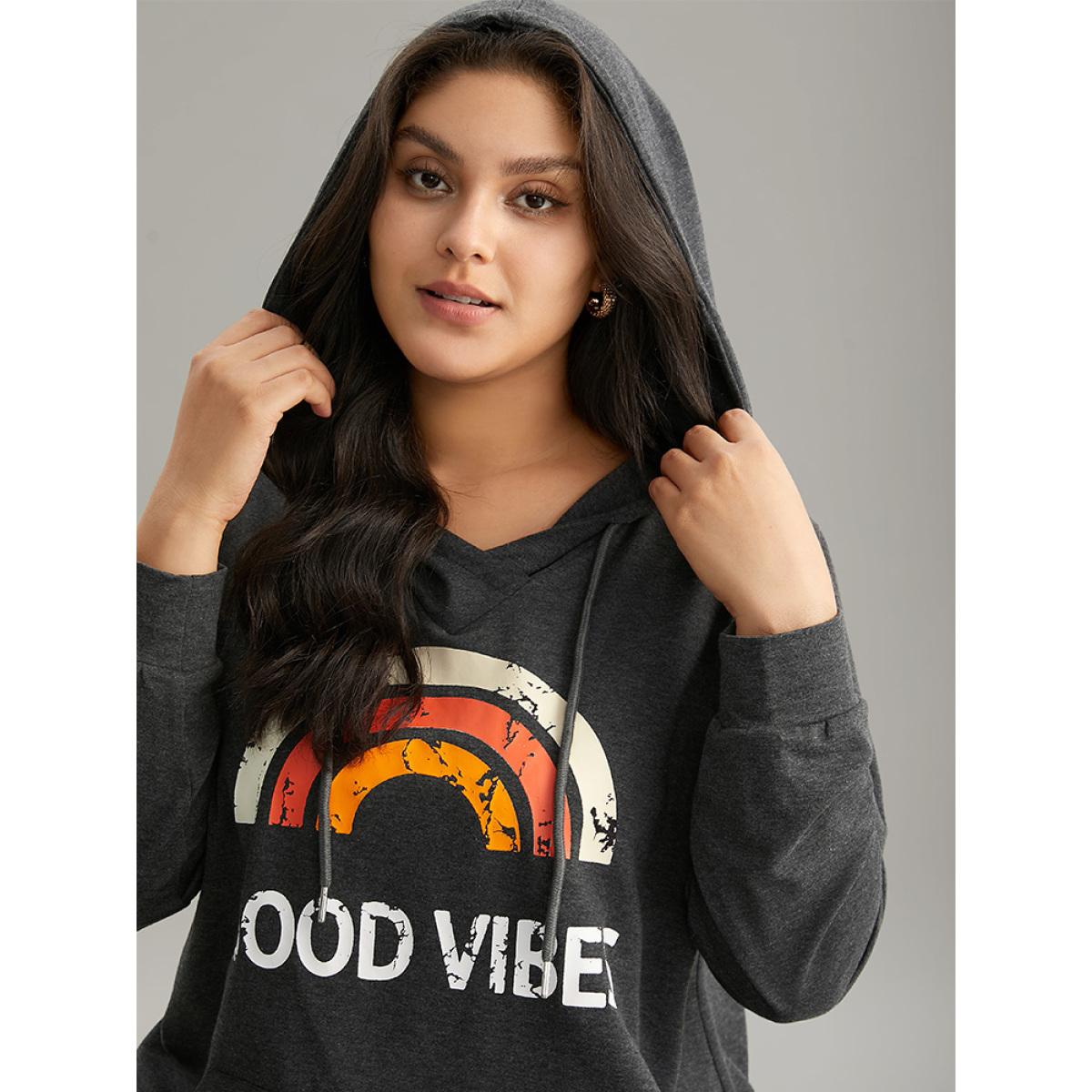 Plus Size Rainbow Print Kangaroo Pocket Hooded Sweatshirt Women DimGray Casual Printed Everyday Sweatshirts BloomChic 12/L Product Image