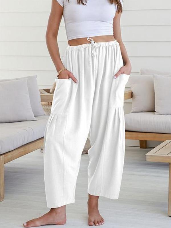 Column Loose Elasticity Pockets Solid Color Casual Pants Bottoms Trousers Product Image