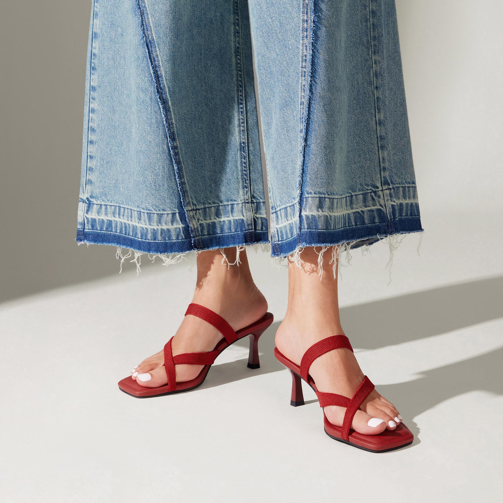 Square-Toe Mid Heel Strappy Sandals (Alina) Product Image