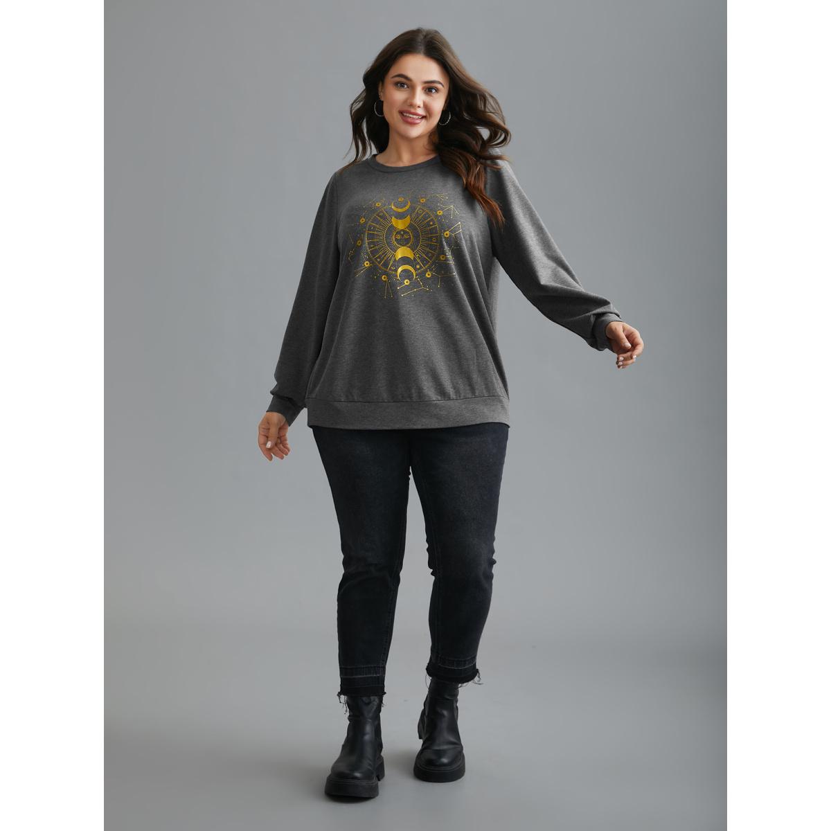 Plus Size Star & Moon Print Round Neck Sweatshirt Women DimGray Casual Non Round Neck Everyday Sweatshirts BloomChic 10/M Product Image