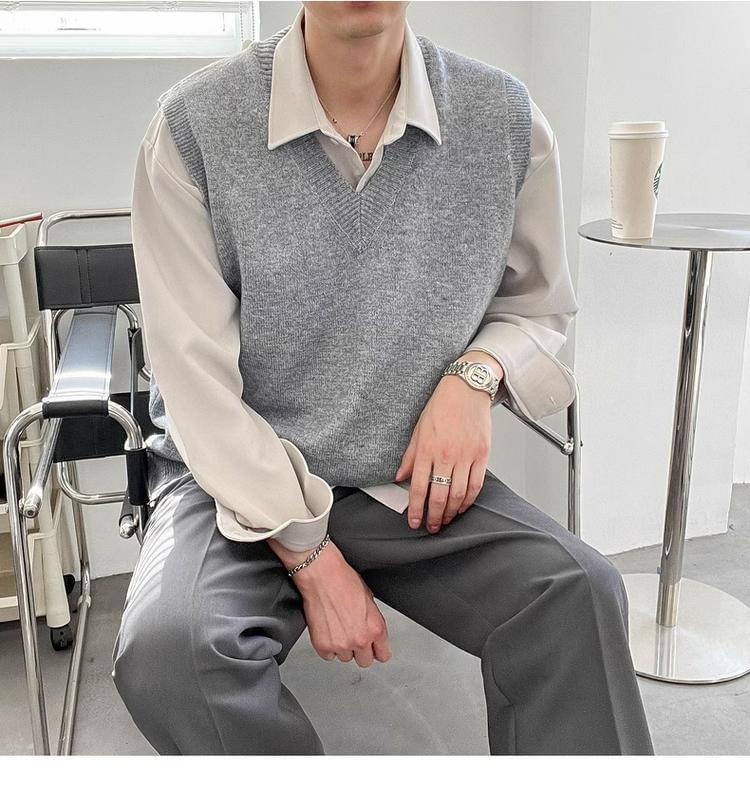 V-Neck Plain Sweater Vest Product Image