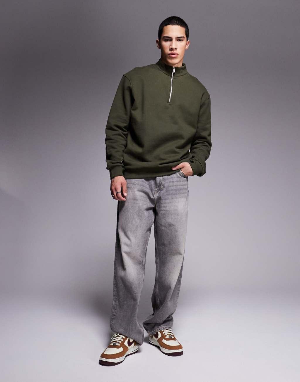 ASOS DESIGN premium heavyweight boxy oversized quarter zip sweatshirt 400gsm in khaki Product Image