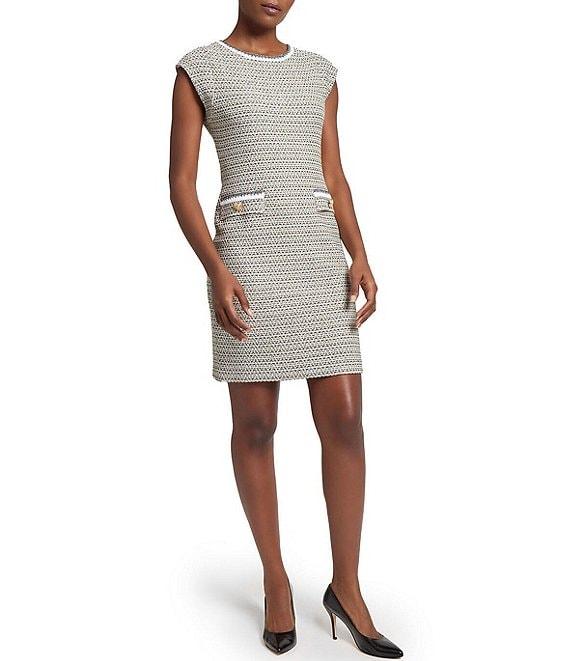 Ming Wang x Tanya Foster Tweed Knit Round Neck Cap Sleeve Sheath Dress Product Image
