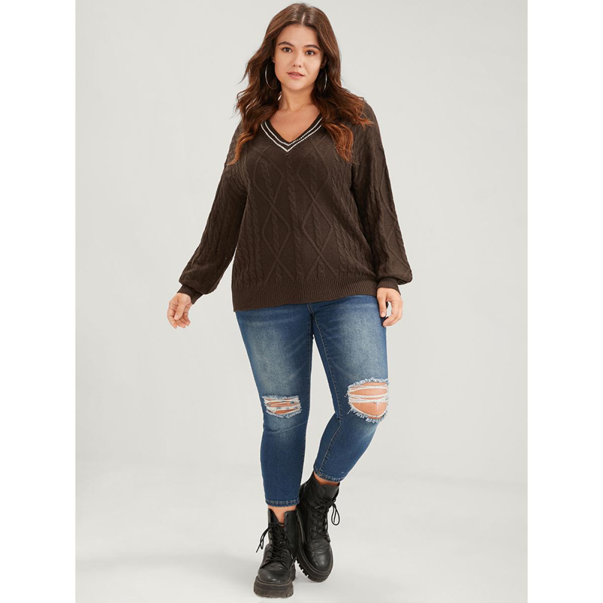 Plus Size Contrast Trim Pointelle Knit V Neck Lantern Sleeve Knit Top DarkBrown Women Elegant Long Sleeve V-neck Dailywear Pullovers BloomChic 12/L Product Image