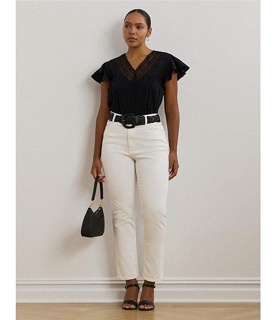 Lauren Ralph Lauren Plus Size Cotton-Blend V-Neck Lace Trim Tee Product Image
