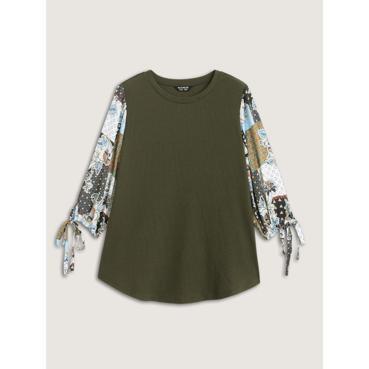 Plus Size Boho Print Ribbed Sleeve Tie Sweatshirt Women ArmyGreen Boho Round Neck Vacation Sweatshirts BloomChic 10/M Product Image