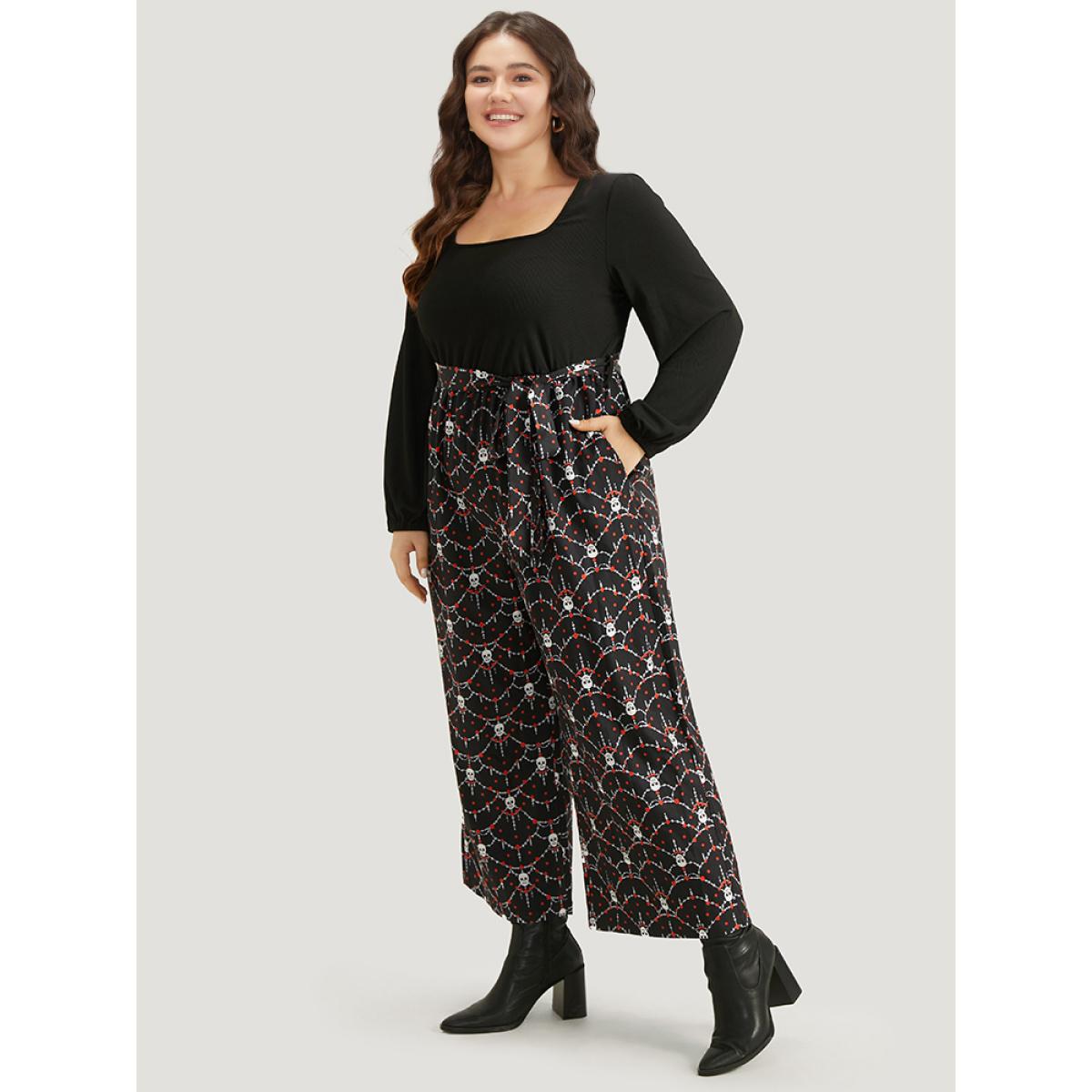 Plus Size Black Halloween Skull Print Patchwork Belted Jumpsuit Women Elegant Long Sleeve Square Neck Festival-Halloween Loose Jumpsuits BloomChic 26/4X Product Image