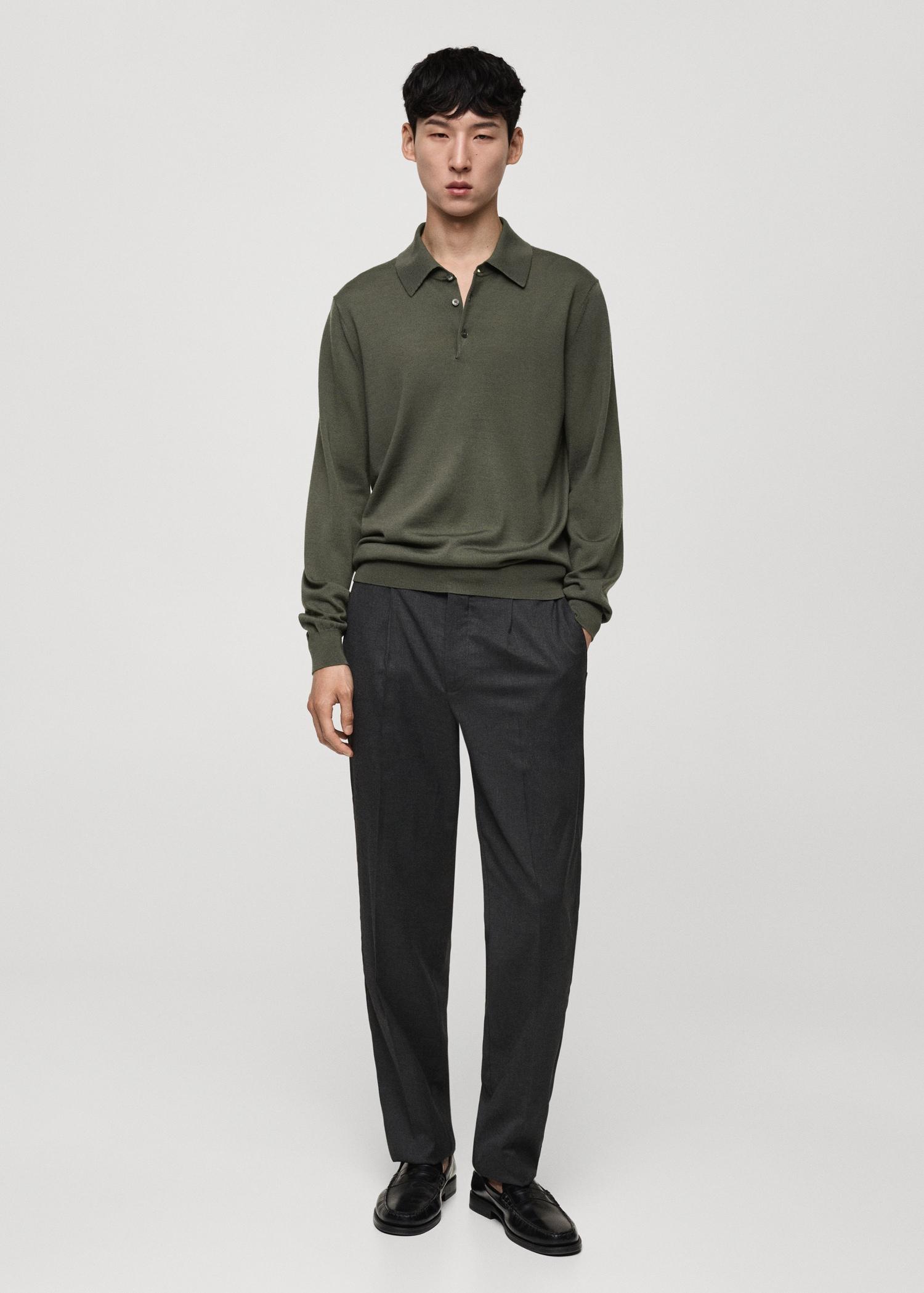 100% merino wool long-sleeved polo shirt - Men | MANGO USA Product Image
