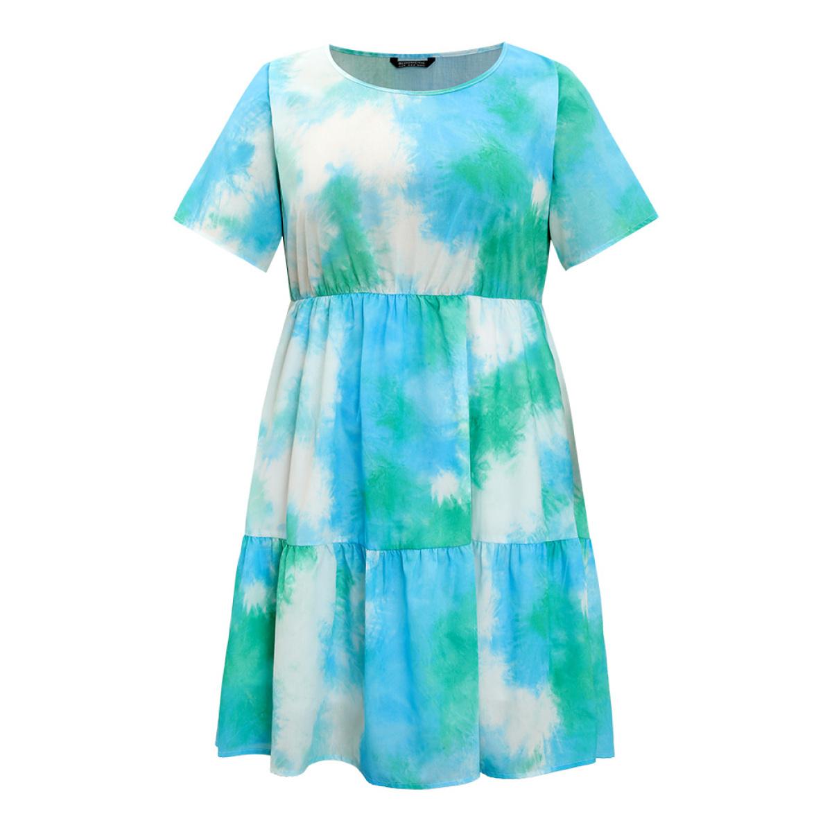 Plus Size Tie Dye Crew Neck Pocket Ruffle Tiered Dress Multicolor Women Vacation Tiered Round Neck Short sleeve Curvy Knee Dress BloomChic 14-16/1X Product Image