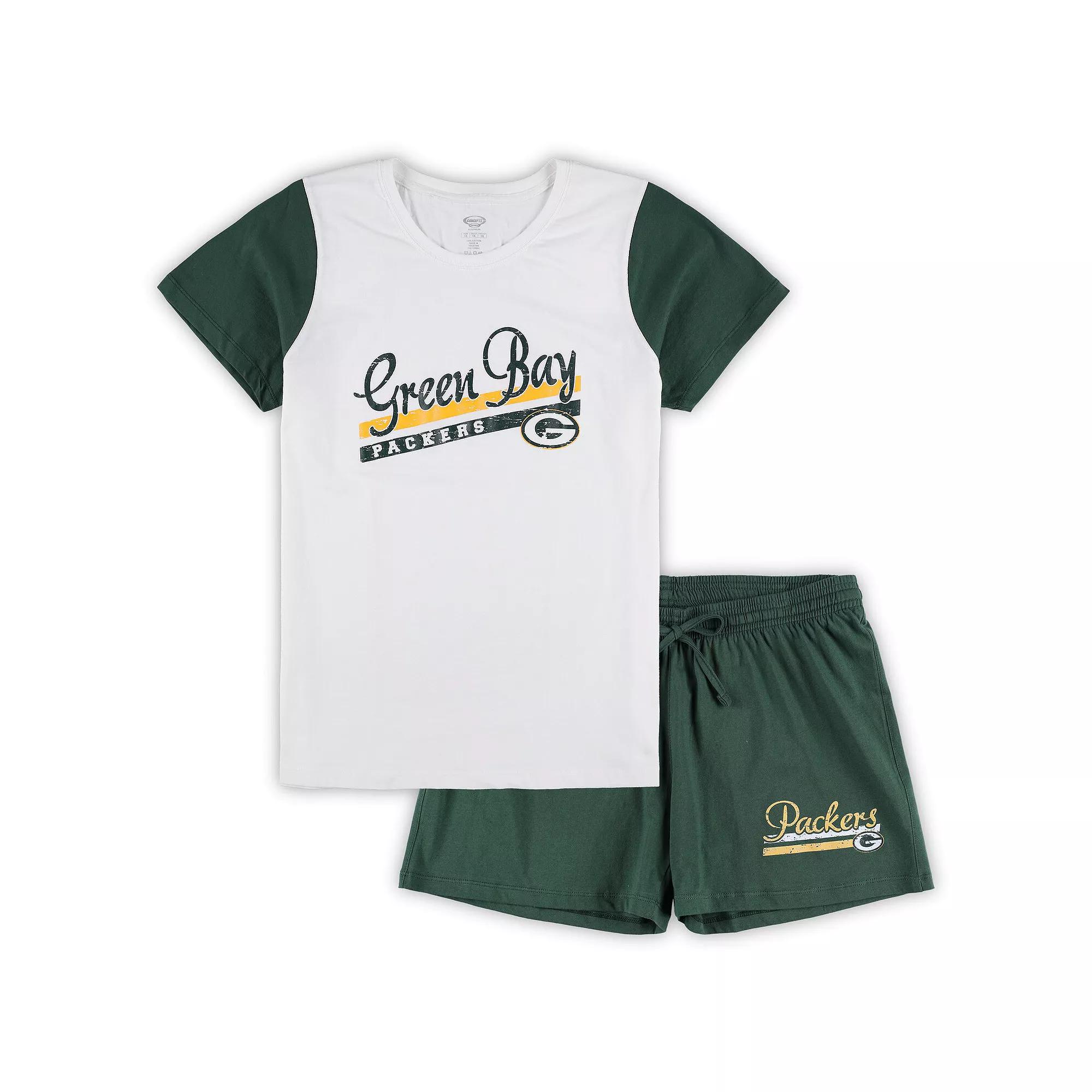 Women's Concepts Sport White/Green Green Bay Packers Plus Size Downfield T-Shirt & Shorts Sleep Set, Size: 2XL Product Image