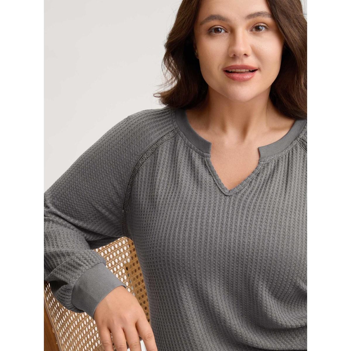 Plus Size Waffle Grid Notched Collar Lace Sweatshirt Women DimGray Leisure Woven ribbon&lace trim Flat collar with V-notch Casual Sweatshirts BloomChic 18-20/2X Product Image