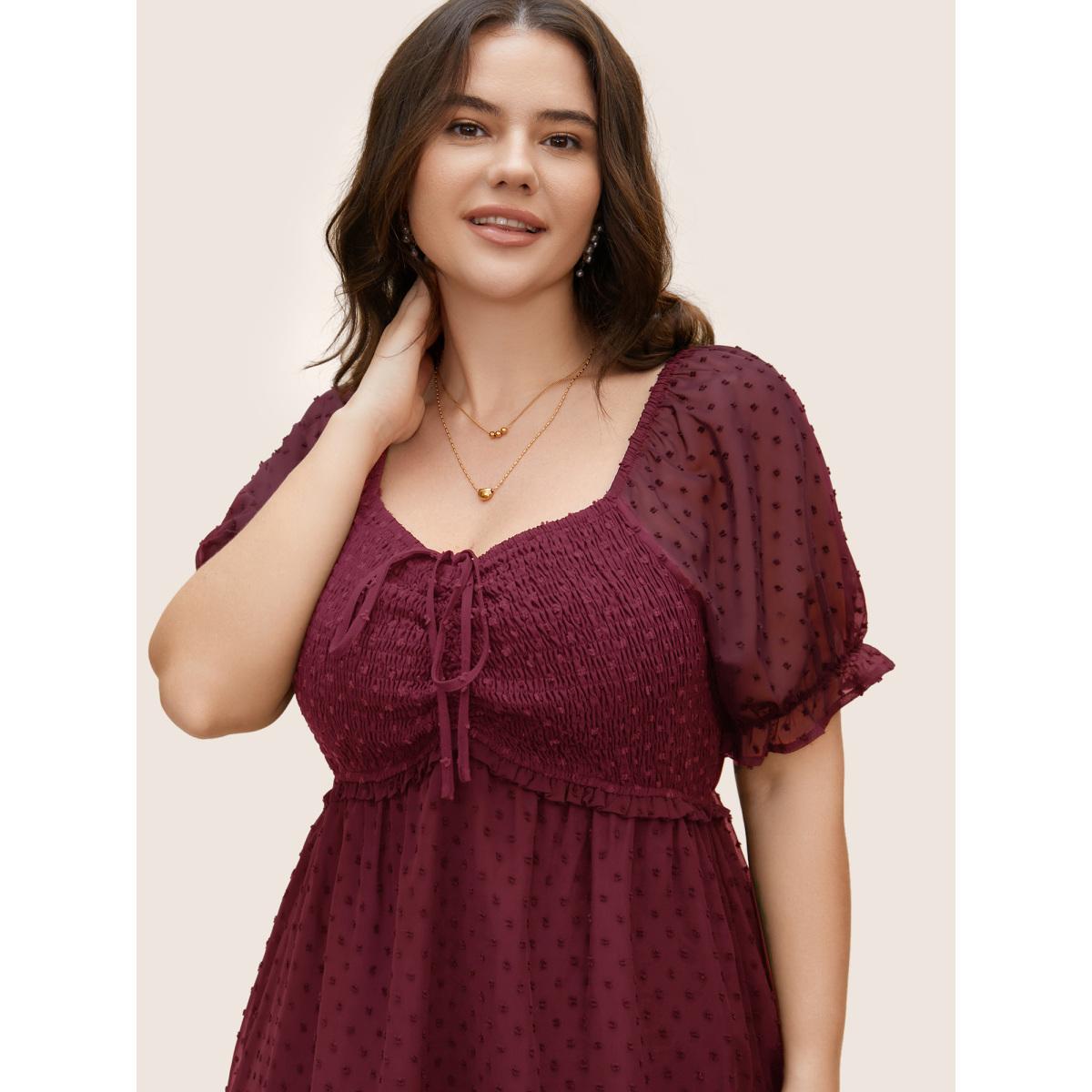 Plus Size Polka Dot Textured Mesh Shirred Drawstring Dress Burgundy Women Elegant Texture V-neck Short sleeve Curvy BloomChic 18-20/2X Product Image