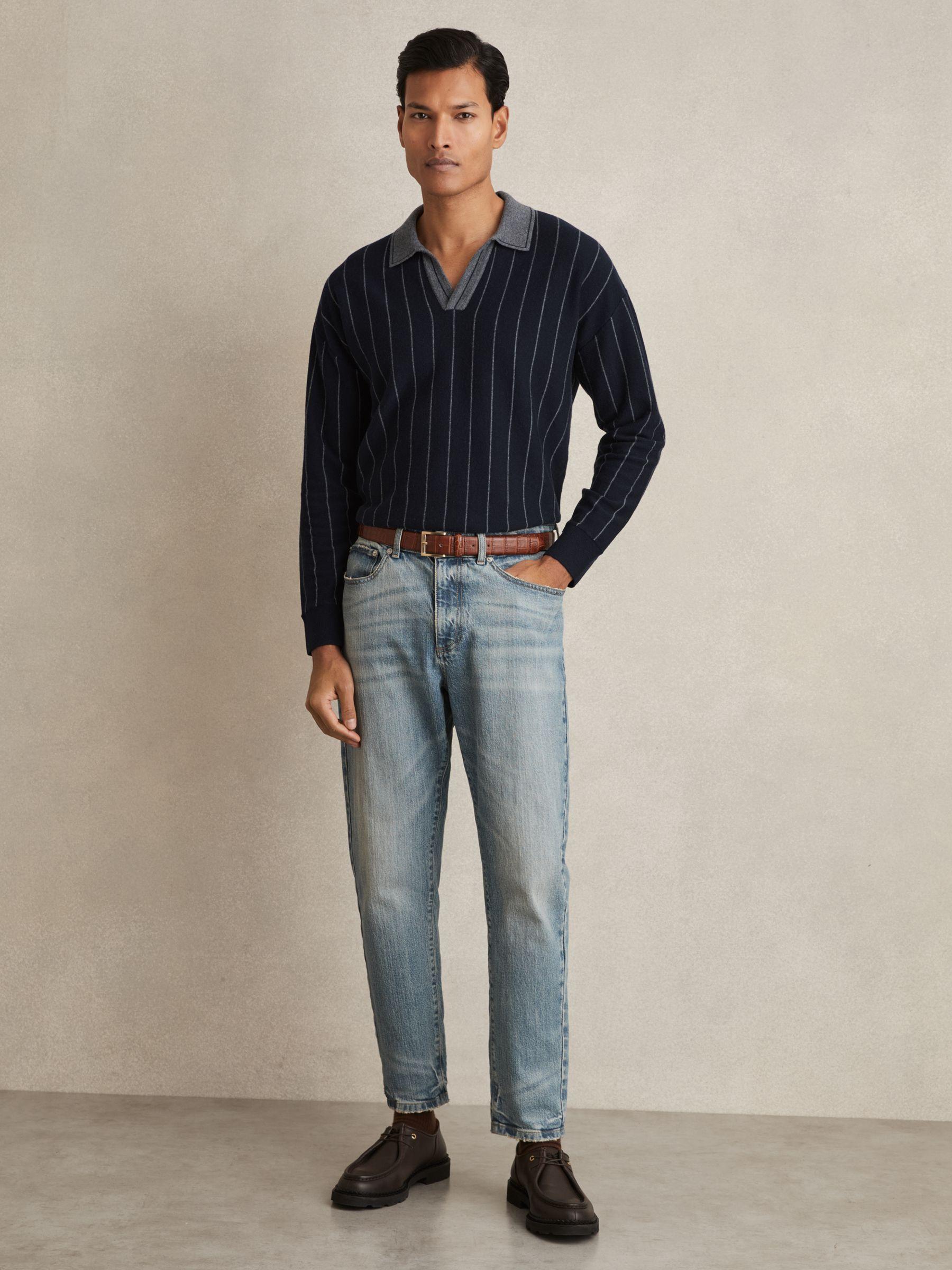 Wool Open-Collar Stripe Polo Shirt in Navy Product Image