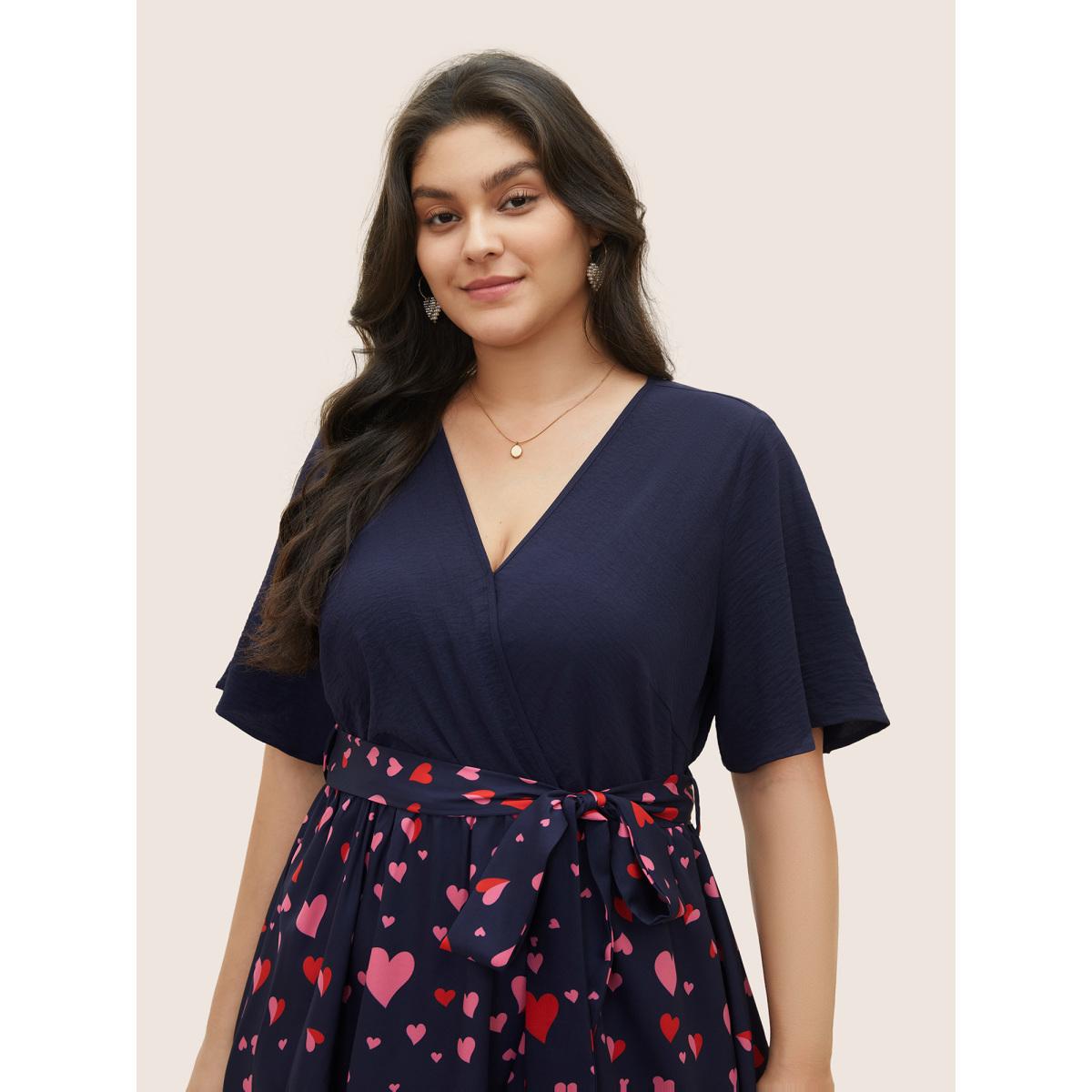 Plus Size Heart Print Patchwork Belted Wrap Dress DarkBlue Women Elegant Wrap Overlap Collar Half Sleeve Curvy Midi Dress BloomChic 30/6X Product Image