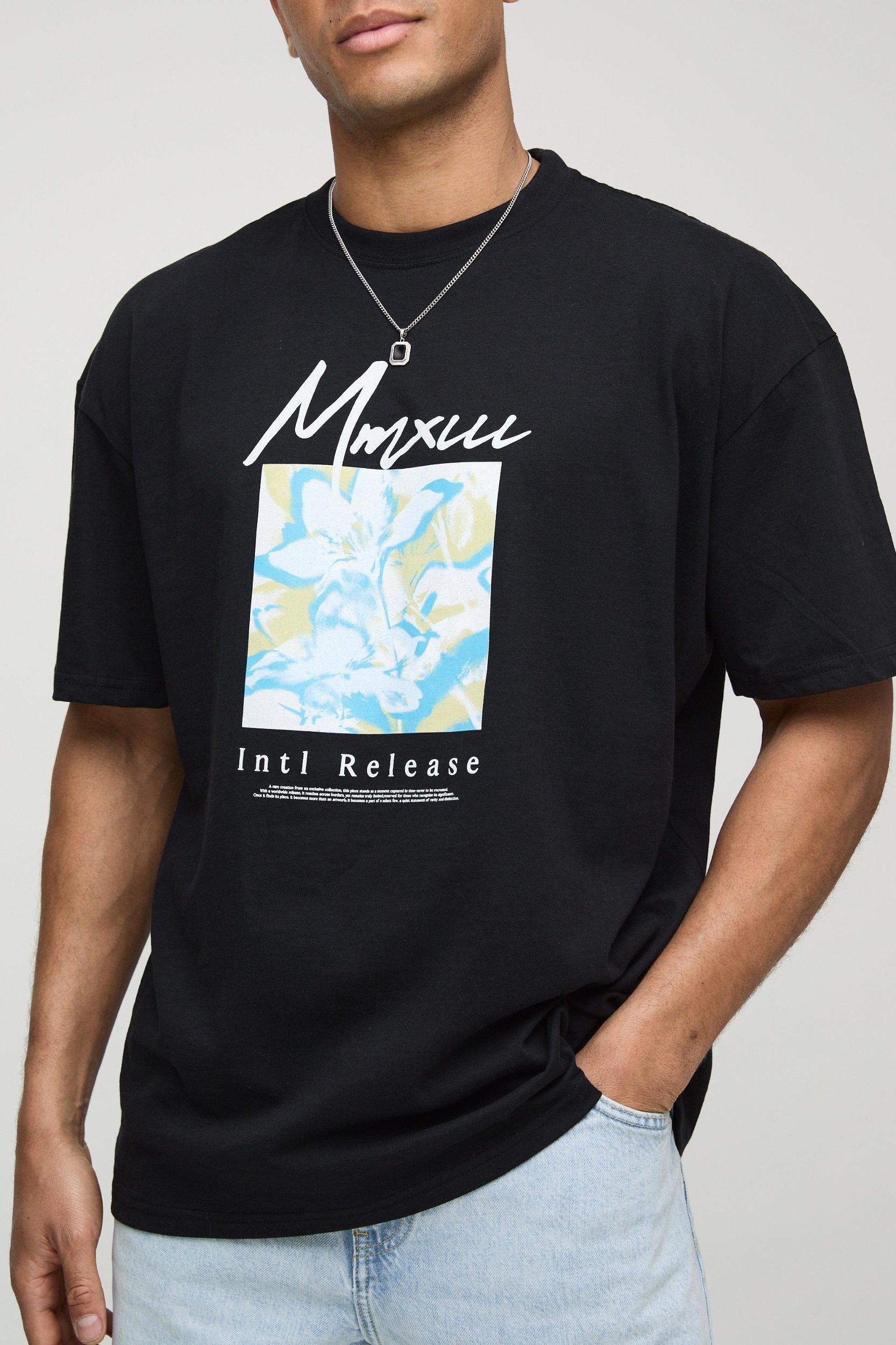 Black Oversized Abstract Floral T-Shirt | boohooMAN USA Product Image