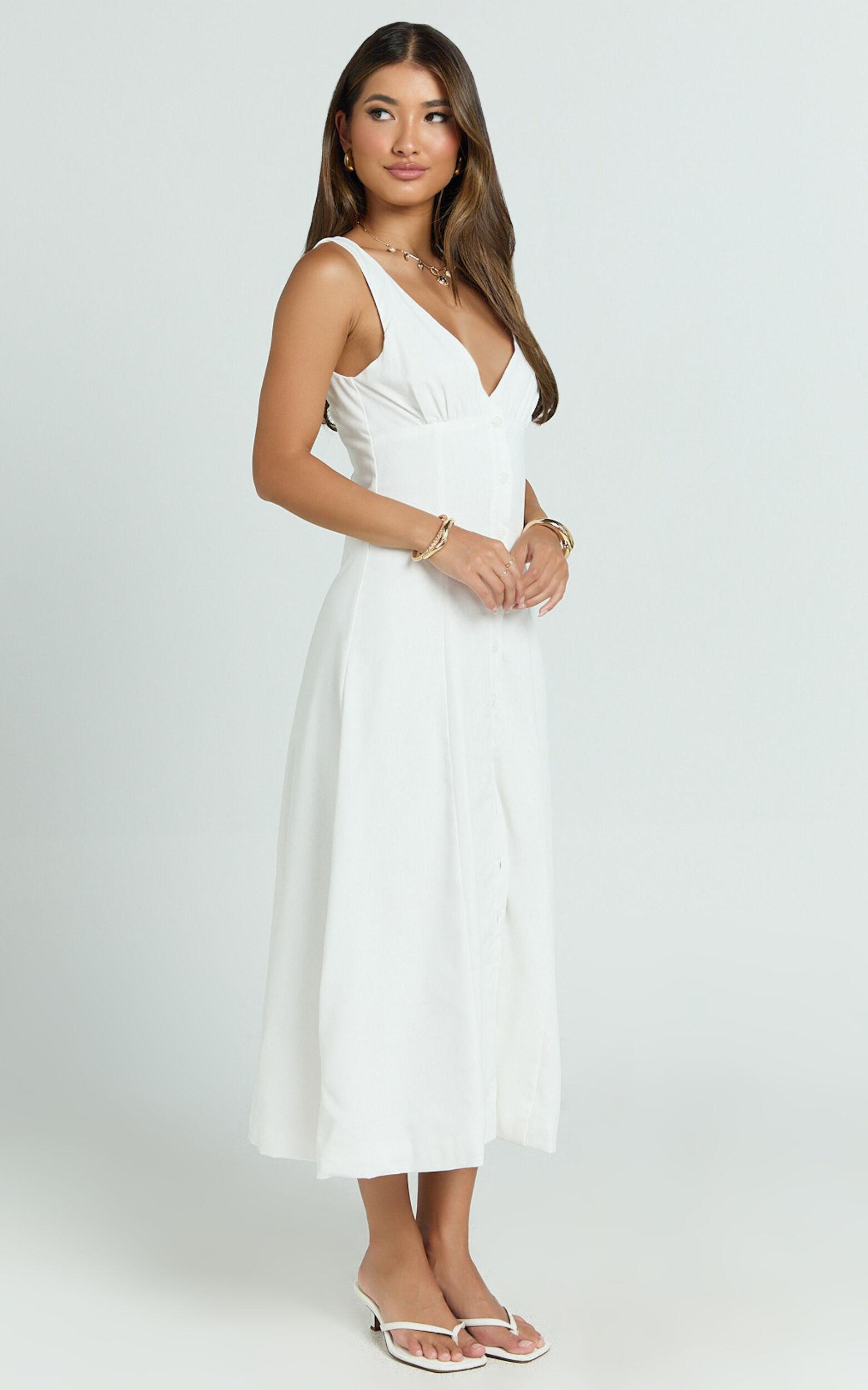 Zula Midi Dress - V Neck Sleeveless Under Bust Seam Circular Skirt Dress in White Product Image