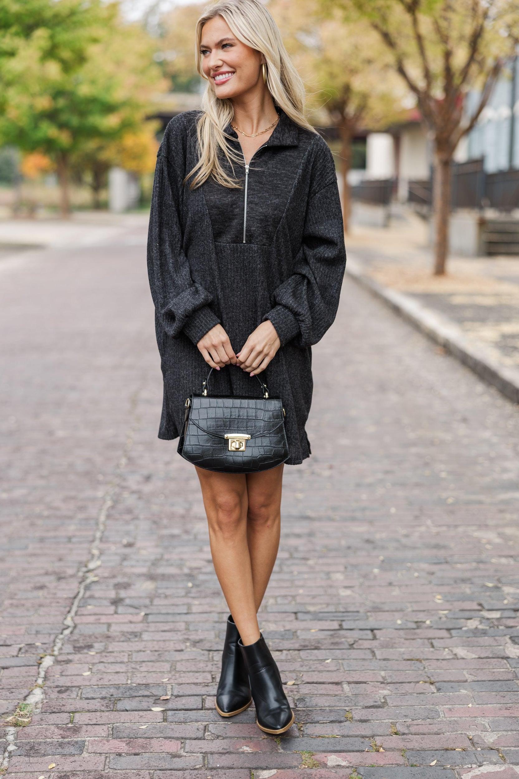 On The Rise Black Quarter Zip Sweater Dress Female Product Image