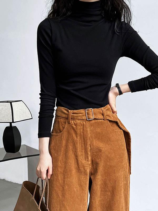 Long Sleeves Skinny Solid Color Split-Joint High Neck T-Shirts Product Image