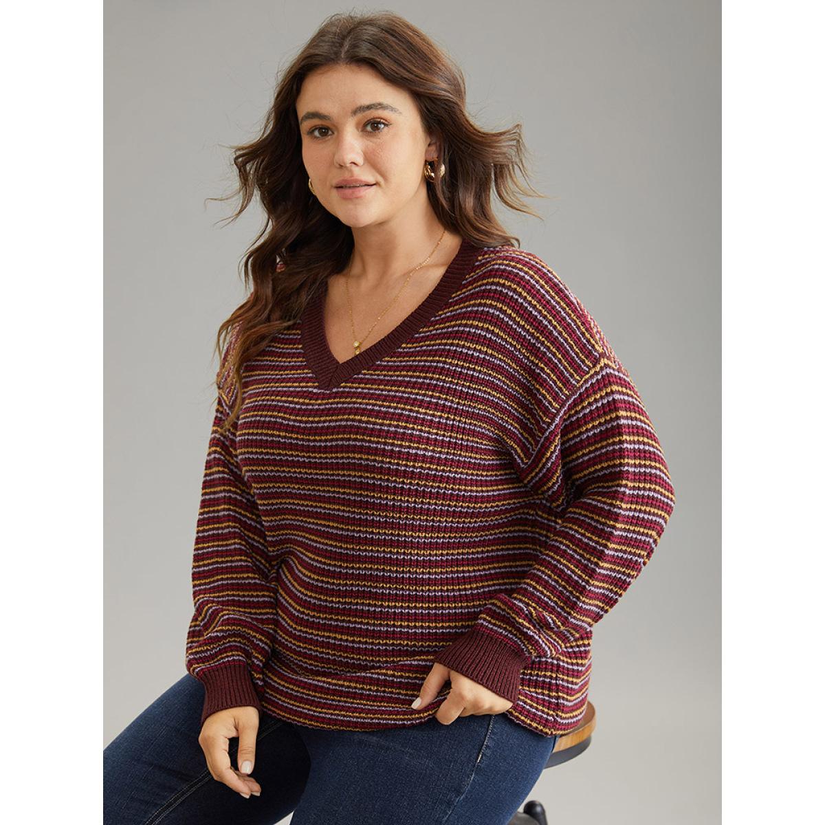 Plus Size Textured Striped Drop Shoulder Pullover Multicolor Women Casual Loose Long Sleeve V-neck Dailywear Pullovers BloomChic 22-24/3X Product Image