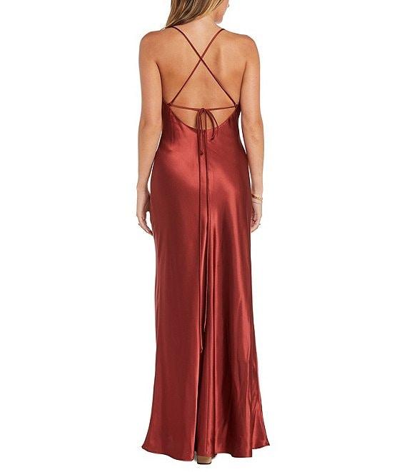 Morgan & Co. Sleeveless Long Spaghetti Strap Charmeuse Draped Front And X Back Long Dress Product Image