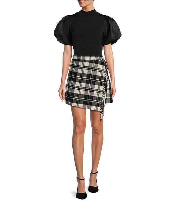 Antonio Melani Georgie Woven Brushed Plaid Fringe High Rise Wrap Front Mini A-Line Skirt Product Image