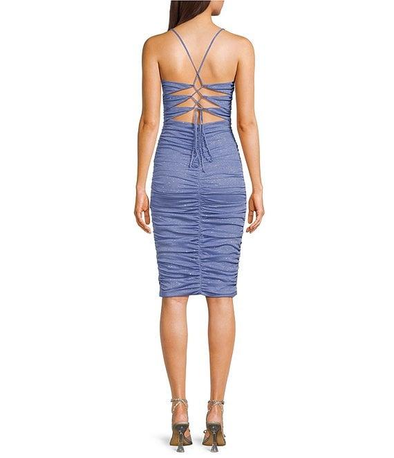 Jump Glitter Square Neck Spaghetti Strap Lace Up Back Ruched Bodycon Dress Product Image