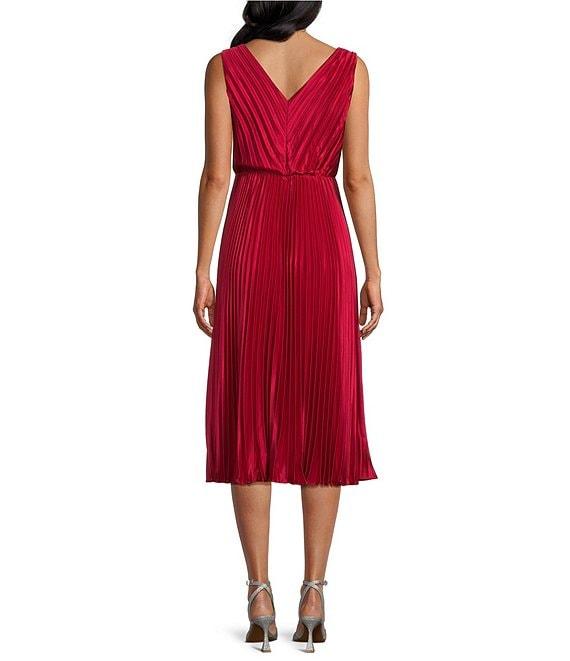 Marina Charmeuse V-Neck Sleeveless Pleated A-Line Midi Dress Product Image