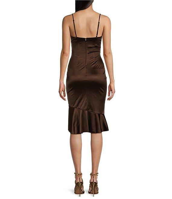 Honey and Rosie Spaghetti Strap V-Neck Faux Wrap Ruffle Hem Satin Midi Dress Product Image