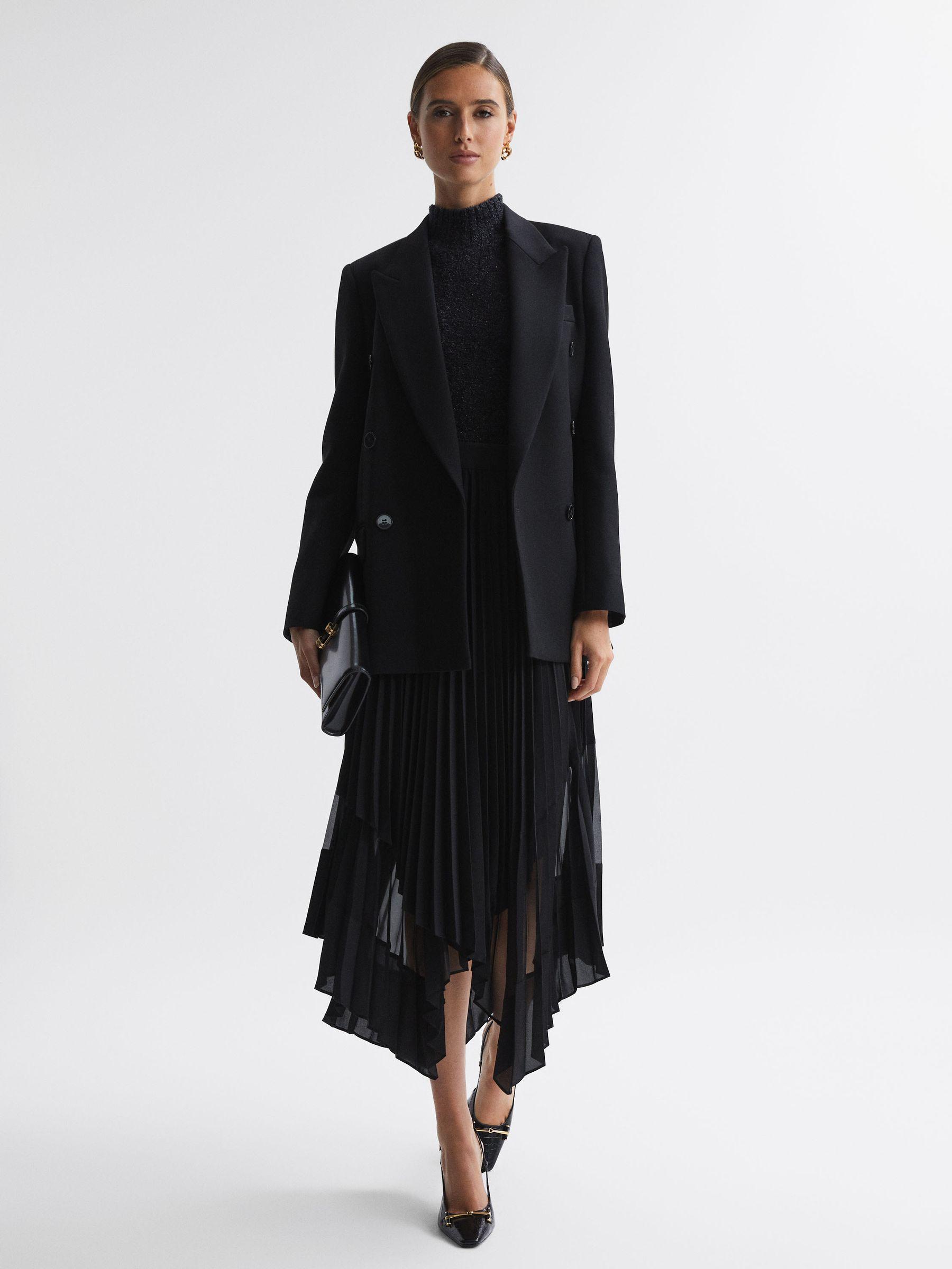 Pleated Layered Asymmetric Midi Skirt in Black Product Image
