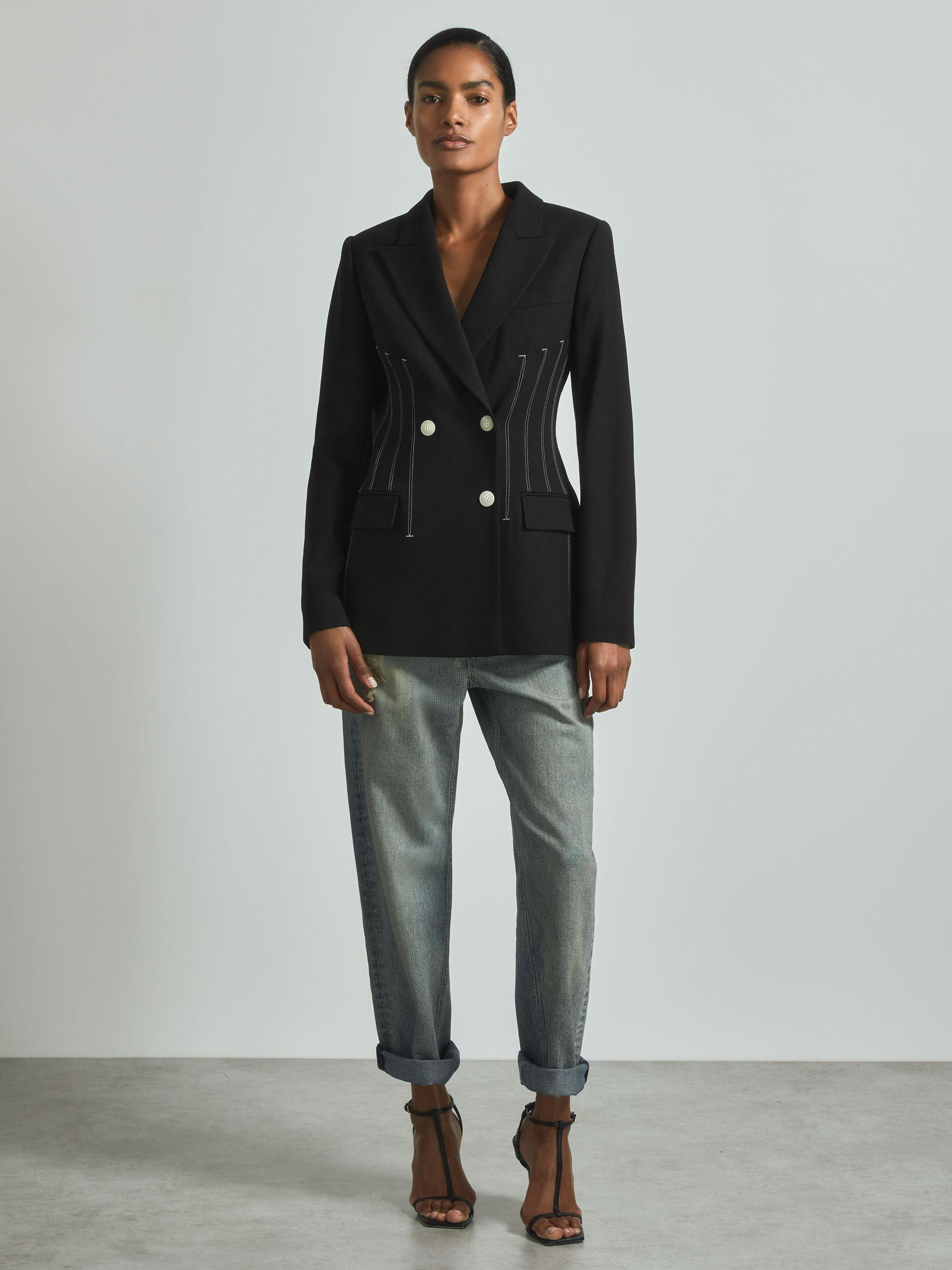 Atelier Double Breasted Corset Stitch Blazer in Black Product Image