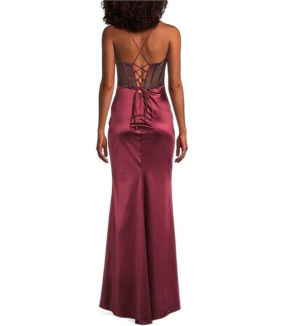 B. Darlin Spaghetti Strap Drape Neck Stones & Lace Up Back Dress Product Image